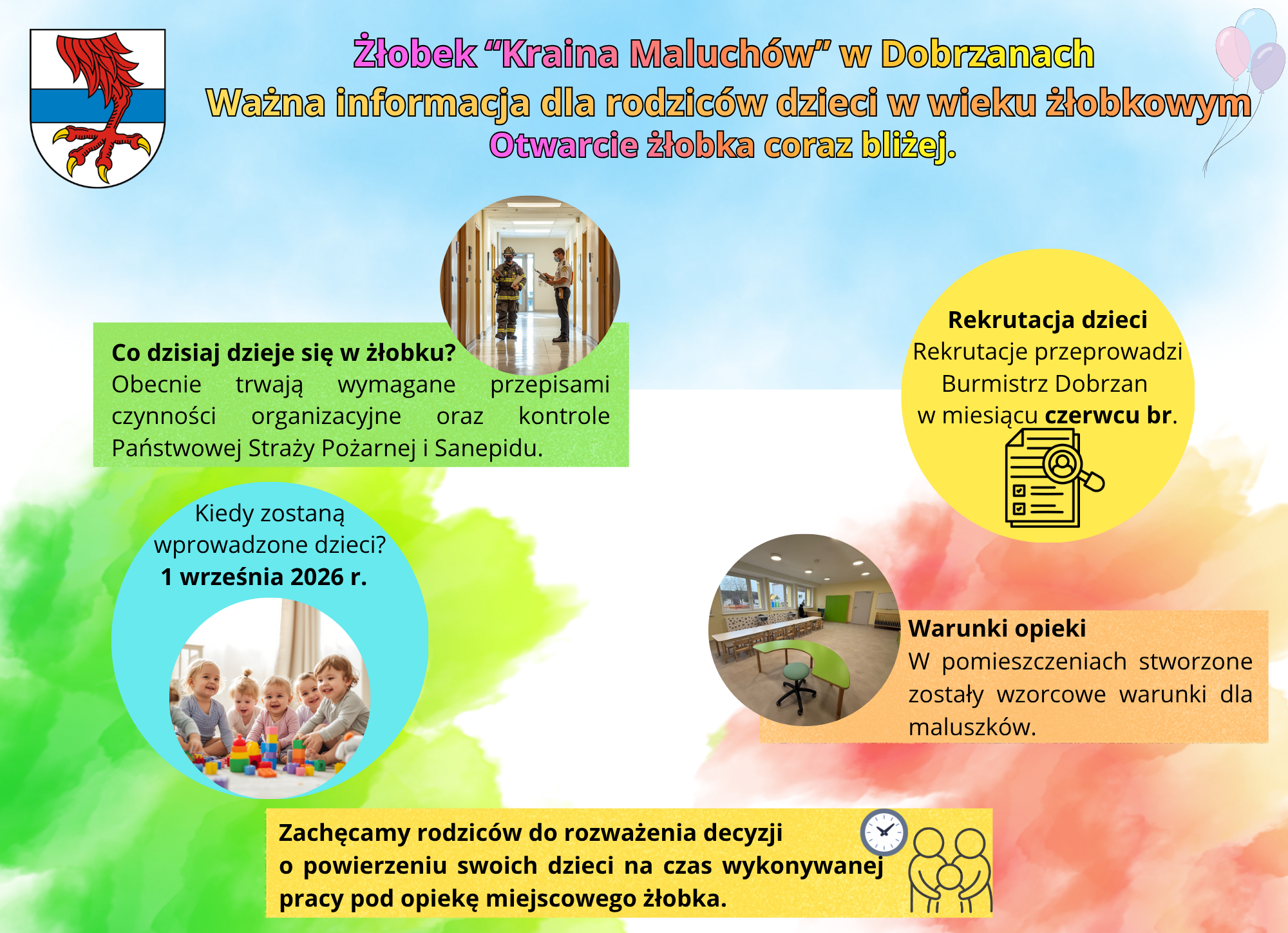 infografika: Żłobek &ldquo;Kraina Maluch&oacute;w&rdquo; w&nbsp;Dobrzanach  Ważna informacja dla rodzic&oacute;w dzieci w&nbsp;wieku żłobkowym Otwarcie żłobka coraz bliżej. Co dzisiaj dzieje się w&nbsp;żłobku? Obecnie trwają wymagane przepisami czynności organizacyjne oraz&nbsp;kontrole Państwowej Straży Pożarnej i&nbsp;Sanepidu. Rekrutacja dzieci Rekrutacje przeprowadzi Burmistrz Dobrzan  w&nbsp;miesiącu czerwcu br. Kiedy zostaną wprowadzone dzieci? 1 września 2026 r.  Warunki opieki W pomieszczeniach stworzone zostały wzorcowe warunki dla maluszk&oacute;w. Zachęcamy rodzic&oacute;w do rozważenia decyzji  o&nbsp;powierzeniu swoich dzieci na&nbsp;czas wykonywanej pracy pod opiekę miejscowego żłobka.