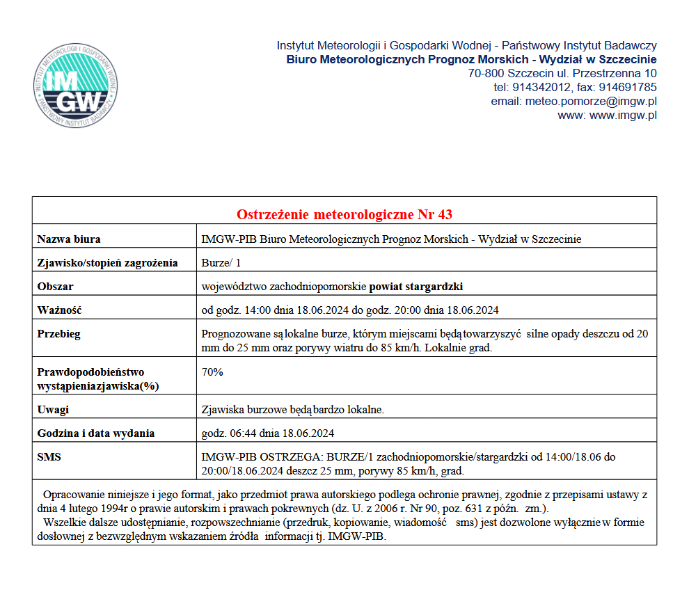 Ostrzeżenie meteorologiczne 1 stopnia przed burzami z&nbsp;deszczem dotyczy woje&oacute;wdztwa zachodniopomorskiego, pbowiązuje w&nbsp;dniu 29.08.2025 w&nbsp;godz. 14:00-22:00. przebieg: Prognozowane są opady deszczu o&nbsp;natężeniu umiarkowanym, okresami silnym. Wysokość opadu miejscami od 30 mm do 40 mm. Opadom mogą towarzyszyć burze z&nbsp;porywami wiatru do 70 km/h. Możliwy grad.