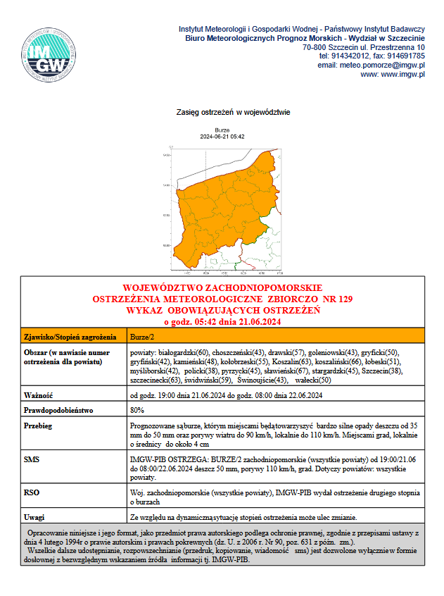 ostrzeżenie meteorologiczne - 2 stopień ostrzeżenia - burze. Obowiązuje na&nbsp;terenie całego powiatu stargradzkiego. Od godz. 19.00 dnia 21.06. do godz. 8.00 dnia 22.06. Prognozowane są burze, kt&oacute;rym miejscami będą towarzyszyć bardzo silne opady deszczu od 35 mm do 50 mm oraz&nbsp;porywy wiatru do 90 km/h, lokalnie do 110 km/h. Miejscami grad, lokalnie o&nbsp;średnicy do około 4 cm
