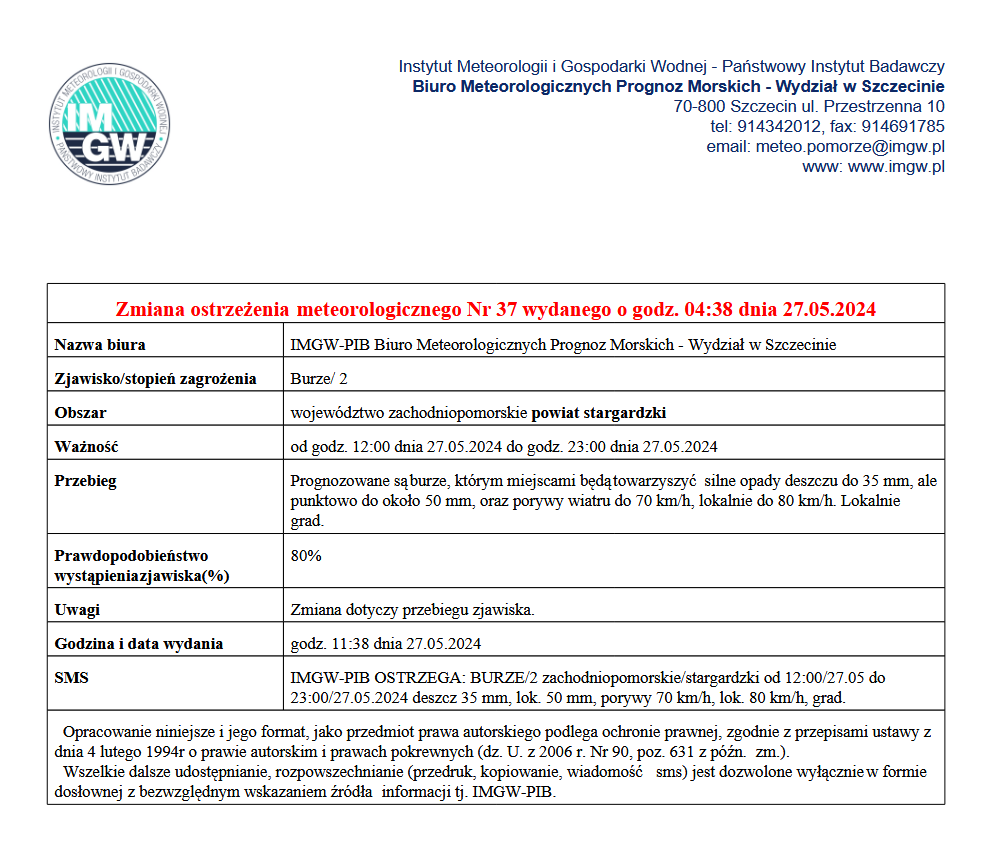 Ostrzeżenie meteorologiczne Zjawisko/stopień zagrożenia Burze/ 2, Obszar wojew&oacute;dztwo zachodniopomorskie powiat stargardzki, Ważność od godz. 12:00 dnia 27.05.2024 do godz. 23:00 dnia 27.05.2024, rzebieg Prognozowane są burze, kt&oacute;rym miejscami będą towarzyszyć silne opady deszczu do 35 mm, ale&nbsp;punktowo do około 50 mm, oraz&nbsp;porywy wiatru do 70 km/h, lokalnie do 80 km/h. Lokalnie grad.