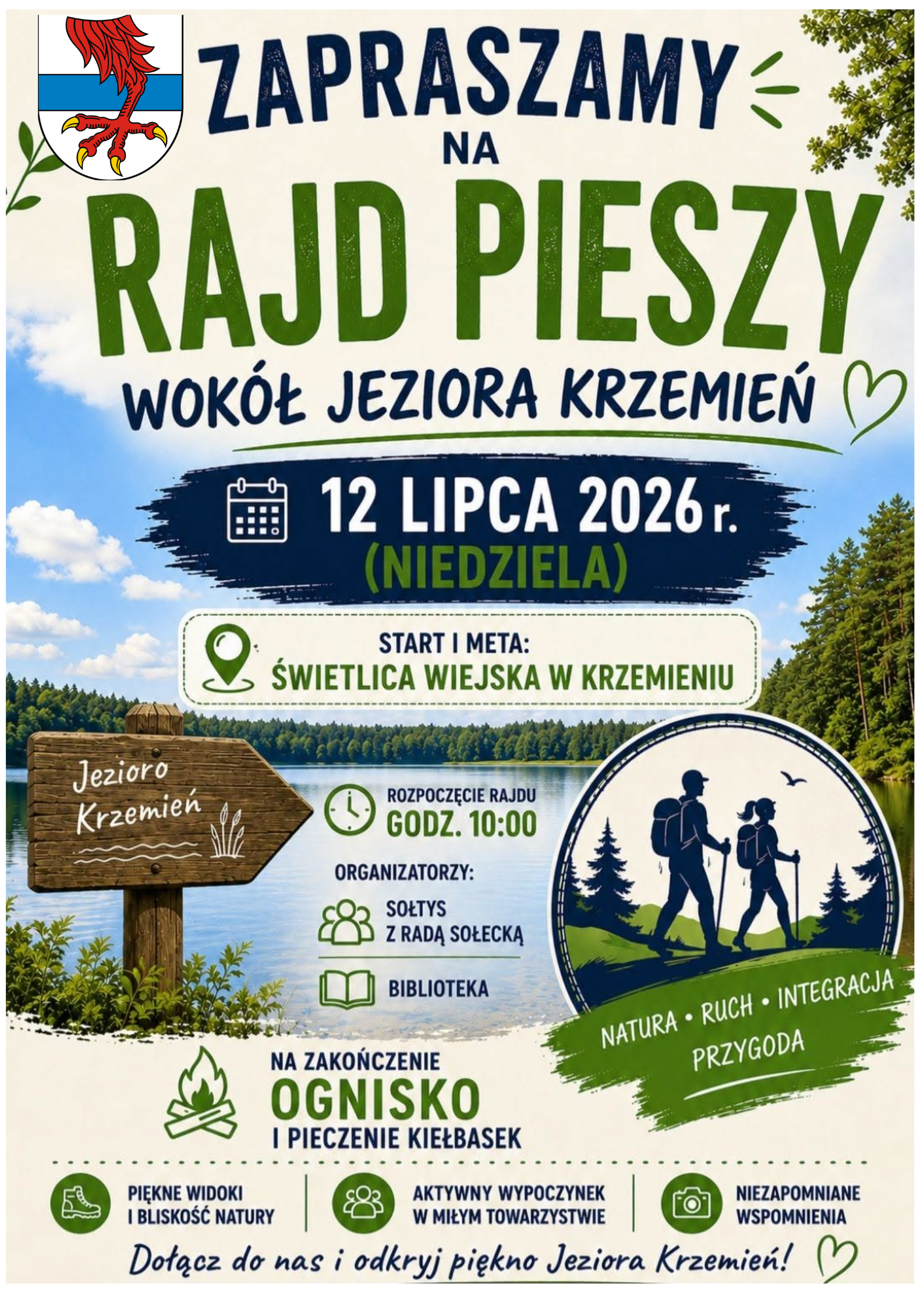 Zapraszamy na&nbsp;rajd pieszy wok&oacute;ł Jeziora Krzemień. 12 lipca (niedziela) Start i&nbsp;meta: Świetlica wiejska w&nbsp;Krzemieniu. Rozpoczęcie rajdu godz. 10:00. Na zakończenie rajdu ognisko i&nbsp;pieczeni kiełbasek.
