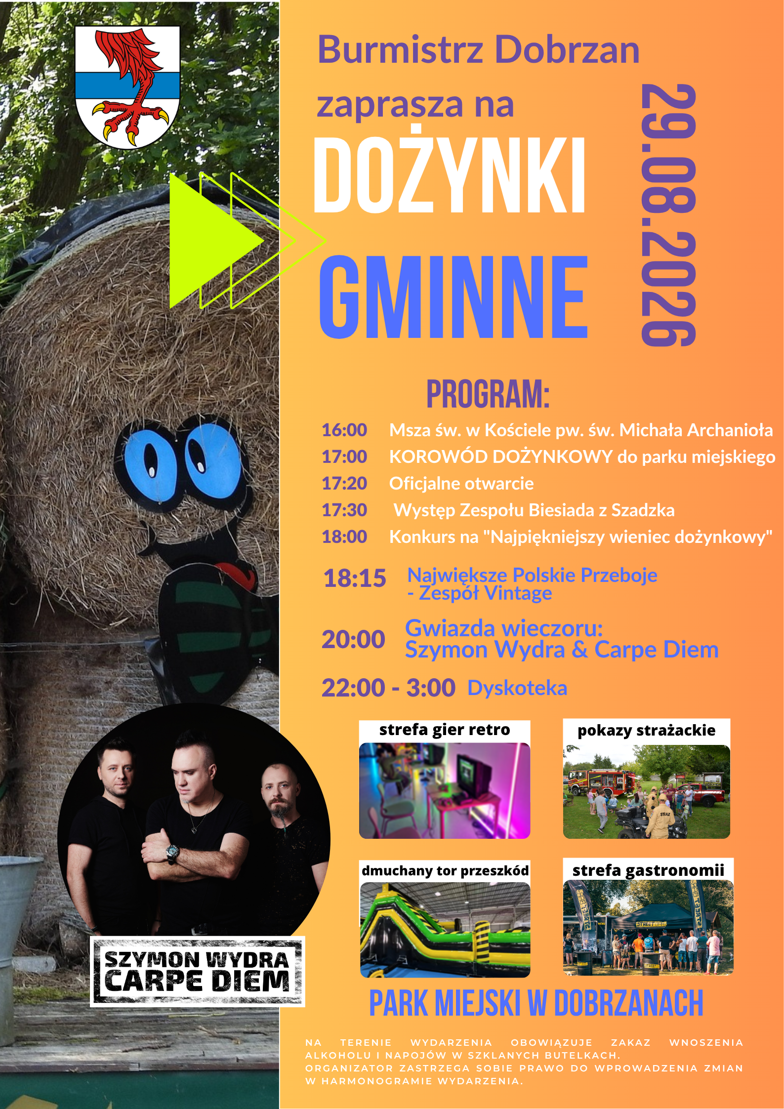 Burmistrz Dobrzan zaprasza 29.08.2026 r. na&nbsp;Dożynki Gminne do parku miejskiego w&nbsp;Dobrzanach