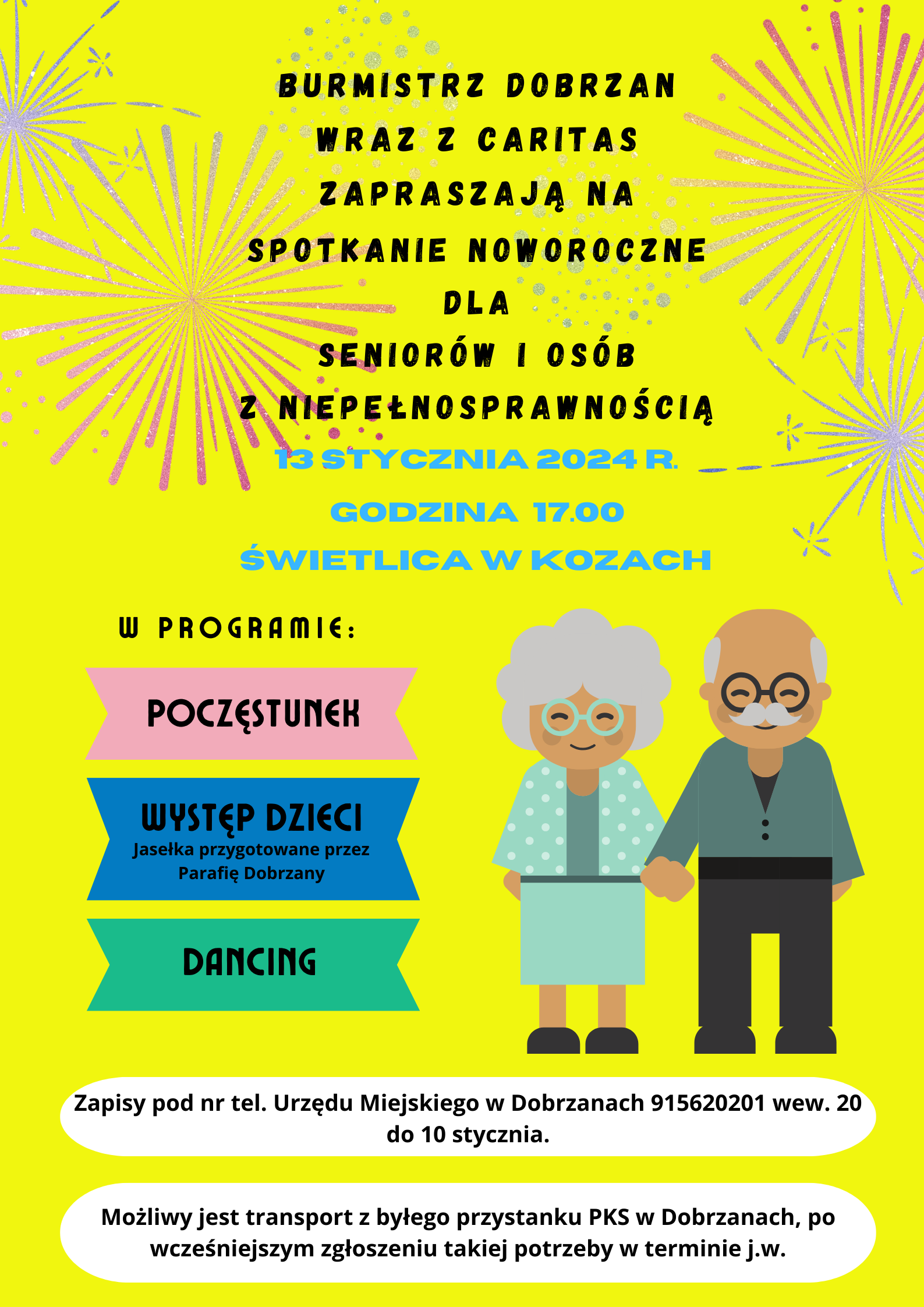 plakat informacyjny o&nbsp;spotkaniu noworocznym dla senior&oacute;w