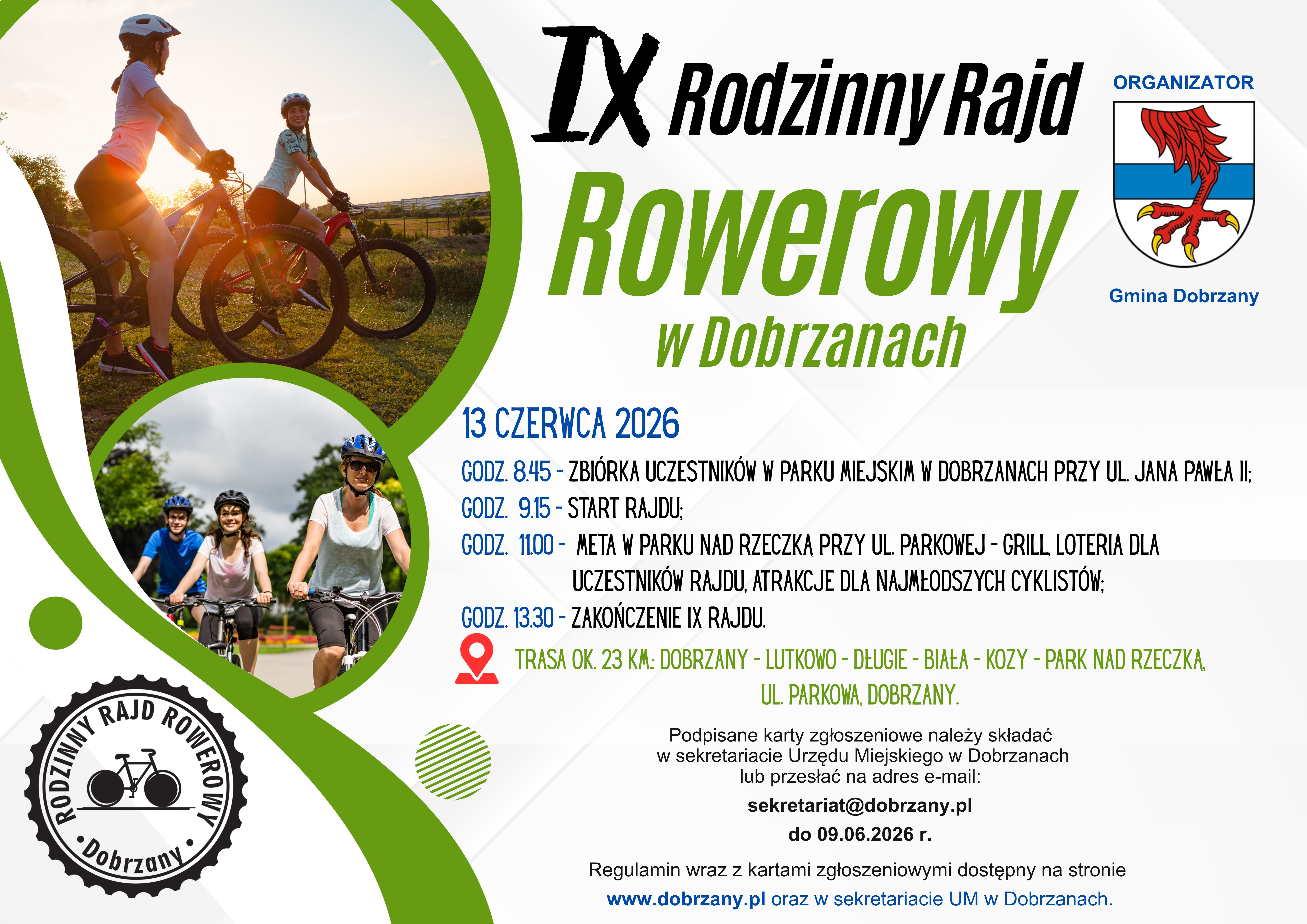 Plakat informacyjny o&nbsp;IX Rodzinnym Rajdzie Rowerowym. Zapisy do 9.06.2026 r. 