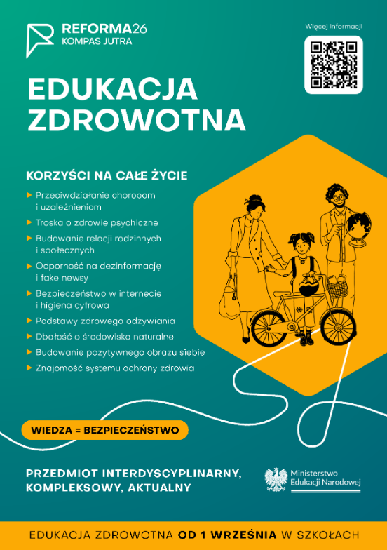 plakat informacyjny czym jest edukacja zdrowotna. Korzyści na&nbsp;całe życie: przeciwdziałanie chorobom i&nbsp;uzależnieniom, troska o&nbsp;zdrowie psychiczne, budowanie relacji rodzinnych i&nbsp;społecznych, odporność na&nbsp;dezinformację i&nbsp;fake news, bezpieczeństwo w&nbsp;internecie i&nbsp;higiena cyfrowa, podstawy zdrowego odżywiania, dbałość o&nbsp;środowisko naturalne, budowanie pozytywnego obrazu siebie, znajomość systemu ochrony zdrowia. Wiedza = Bezpieczeństwo. Edukacja zdrowotna od 1 września w&nbsp;szkołach