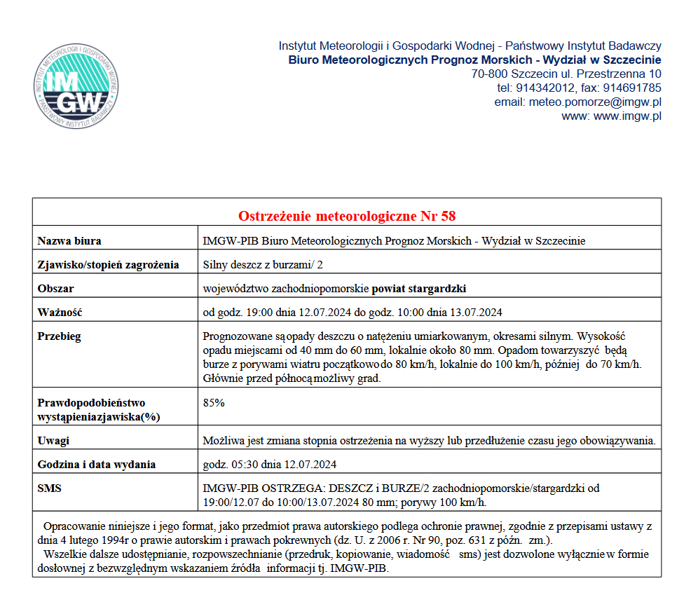Ostrzeżenie meteorologiczne drugiego stopnia przez deszczem z buurzami. Dotyczy województwa zachodniopomorskiego w tym powiatu stargardzkiego. Ostrzeżenie jest ważne od godz. 19:00 dnia 12.07.2024 do godz. 10:00 dnia 13.07.2024. Prognozowane są opady deszczu o natężeniu umiarkowanym, okresami silnym. Wysokość opadów miejscami od 40 mm do 60 mm, lokalnie około 80 mm. Opadom towazyszyć będą burze z porywami wiatru początkowo do 80 km/h, lokalnie do 100 km/h, później do 70 km/h. Głównie przed północą możliwy grad