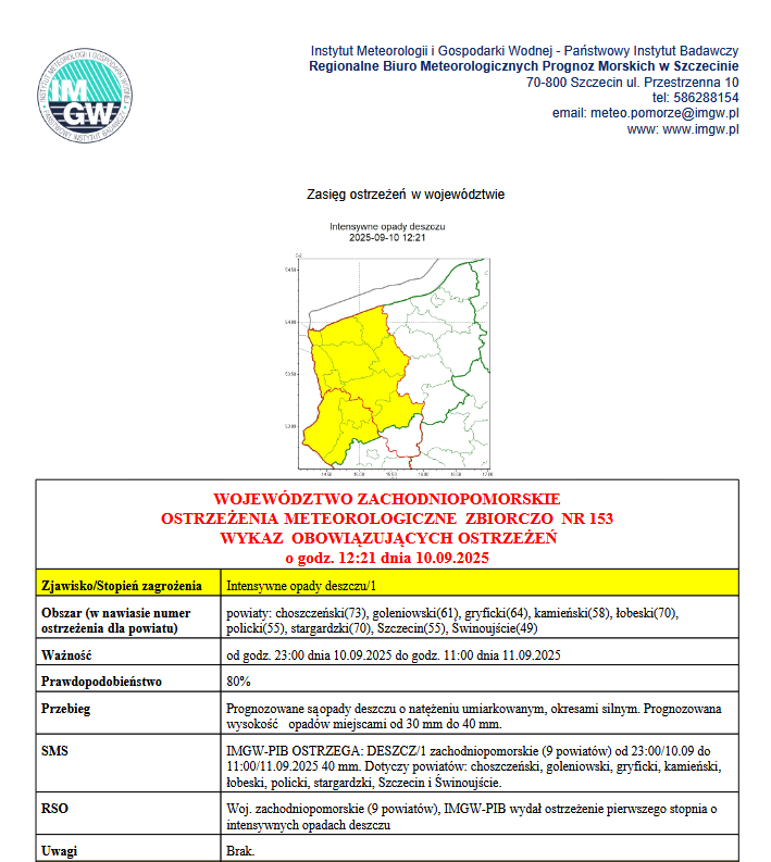 Ostrzeżenie meteorologiczne 1 stopnia przed intensywnymi opadami deszczu. Dotyczy powiat&oacute;w: choszczeński, goleniowski, gryficki, kamieński, łobeski, policki, stargardzki, Szczecin, Świnoujście. Obowiązuje od godz. 23:00 dnia 10.09.2025 do godz. 11:00 dnia 11.09.2025. Przebieg: prognozowane są opady deszczu o&nbsp;nateżeniu umiarkowanym, okresami silnym. Prognozowana wysokość opad&oacute;w miejscami od 30 mm do 40 mm.
