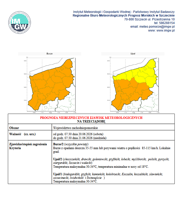 ostrzeżenie meteorologiczne 2 stopnia, upał oraz&nbsp;burze. Obowiązuje na&nbsp;terenie całego wojew&oacute;dztwa zachodniopomorskiego, od godz. 07:30 dnia 20.06.2026 (sobota) do godz. 07:30 dnia 21.06.2026 (niedziela) 