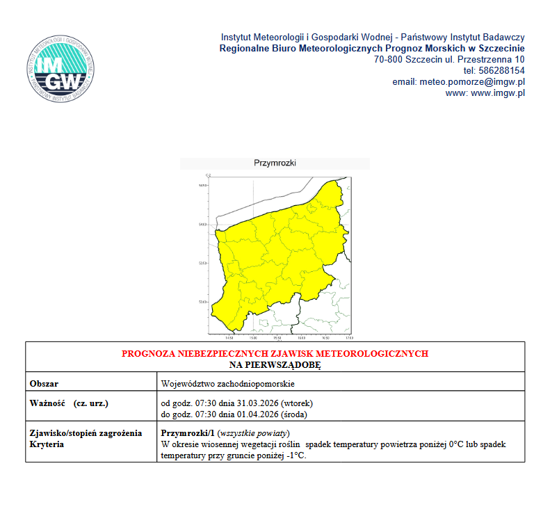 Ostrzeżenie meteorologiczne 1 stopnia o&nbsp;przymrozkach obowiązuje na&nbsp;terenie całego wojew&oacute;dztwa zachodniopomorskiego. Obowiązuje od godz. 07:30 dnia 31.03.2026 do godz. 07:30 dnia 01.04.2026 