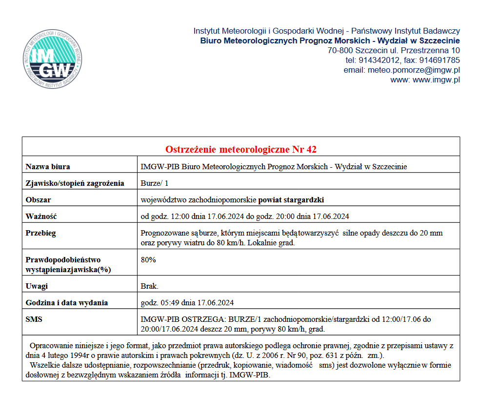 ostrzeżenie meteorologiczne. Zjawisko i&nbsp;stopień zagrożenia. Burze/ 1. Obszar wojew&oacute;dztwo zachodniopomorskie powiat stargardzki. Ważność od godz. 12:00 dnia 17.06.2024 do godz. 20:00 dnia 17.06.2024. Przebieg. Prognozowane są burze, kt&oacute;rym miejscami beą towarzyszyć silne opady deszczu do 20 mm oraz&nbsp;porywy wiatru do 80 km/h. Lokalnie grad. Prawdopodobieństwo wystąpienia zjawiska (%) 80%.
