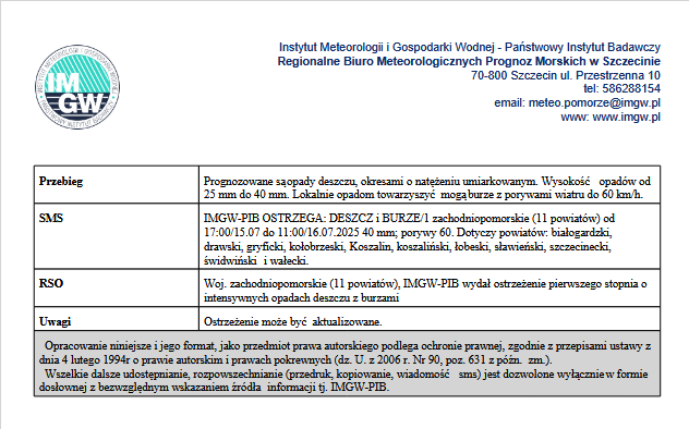 Ostrzeżenie meteorologiczne 1 stopnia przed silnym deszczem z&nbsp;burzami dotyczy powiat&oacute;w: białogardzki, drawski, gryficki, kołobrzeski, Koszalin, koszaliński, łobeski, sławieński, szczecinecki, świdwiński, wałecki. obowiązuje od godz. 17:00 dnia 15.07.2025 do godz. 11:00 dnia 16.07.2025 przebieg: Prognozowane są opady deszczu, okresami o&nbsp;natężeniu umiarkowanym. Wysokość opad&oacute;w od 25 mm do 40 mm. Lokalnie opadom towarzyszyć mogą burze z&nbsp;porywami wiatru do 60 km/h.