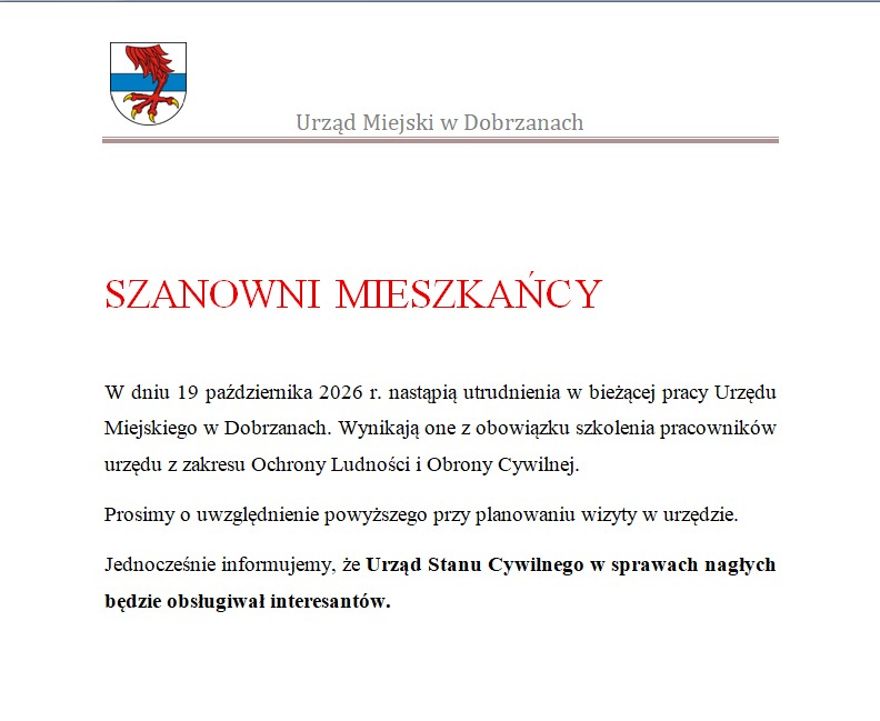 Utrudnienia w pracy Urzędu Miejskiego w Dobrzanach 19 października 2026 r.