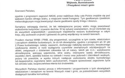 Zdjęcie do Gł&oacute;wny Inspektor Nadzoru Budowlanego w związku z ostrzeżeniami meteorologicznymi przypomina właścicielom i zarządcom nieruchomości o obowiązku prawidłowego użytkowania budynk&oacute;w w razie wystąpienia czynnik&oacute;w zewnętrzych oddziałowujących na obiekt związanyc