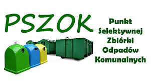 zdjęcie kontenrów na śmieci, nad nim zielony napis PSZOK Punkt Selktywnej Zbiórki Odpadów Komunalnych