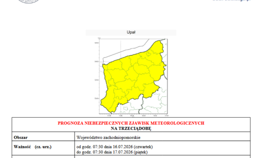Ostrzeżenie meteorologiczne pierwszego stopnia przed upałami. Ostrzeżenie dotyczy całego województwa zachodniopomorskiego. Obowiązuje od godz. 07:30 dnia 16.07.2026 (czwartek) do godz. 07:30 dnia 17.07.2026 (piątek). Temperatura maksymalna 30-34 stopnie c