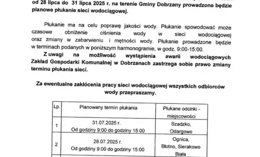 Zakład Gospodarki Komunalnej w Dobrzanach informuje, iż w dniach od 28 lipca do 31 lipca 2025 r. na terenie Gminy Dobrzany prowadzone będzie planowe płukanie sieci wodociągowej. Płukanie ma na celu poprawę jakości wody. Płukanie spowodować może czasowe ob