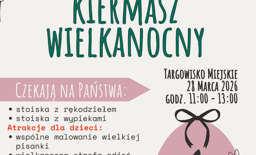 plakat informyjący o DObrzańskim Kiermaszu Wielkanocnym, który odbędzie się 28 marca 2026 r. w godzinanch od 11:00 do 13:00 na Targowisku Miejskim w Dobrzanach. Stoiska z wypekami, rękodziełem. Atrakcje dla dzieci: wspólne malowanie pisanki, rzucanie jajk