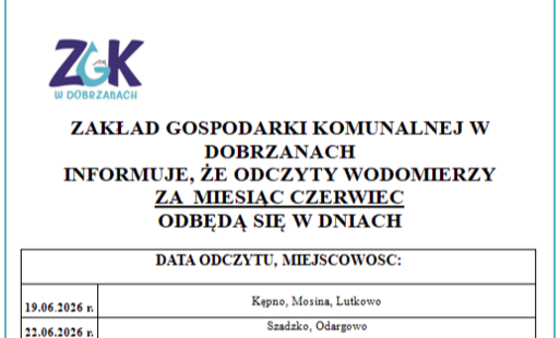 logo Zakładu Gospodarki Komunalnej w Dobrzanach poniżej tekst Zakłąd Gospodarki Komunalnej w Dobrzanach informuje, że odczyty wodomierzy za miesiąc czerwiec odbędą się w dniach